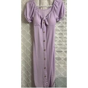 Women's Size Small Lilac Purple Ribbed Knit Button Front Puff Sleeve Midi Dress